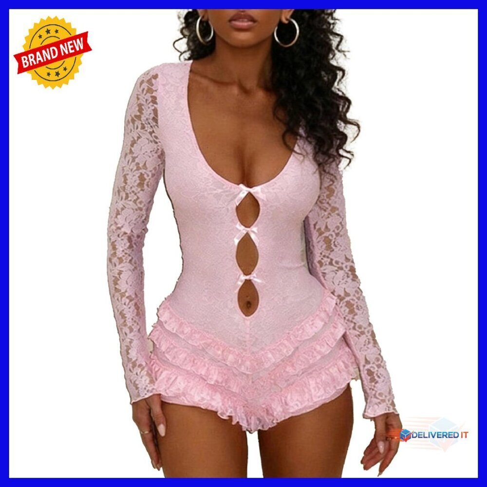 Sexy Lace Jumpsuit Long Sleeve Hollow Out Bodysuit Party Clubwear